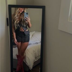 Black Leather Skirt and Top Set with Red Boots